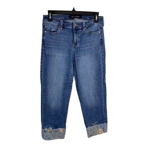 Liver Pool Womens Jeans Adult Size 4 Crop Straight Floral Cuffed Medium Wash